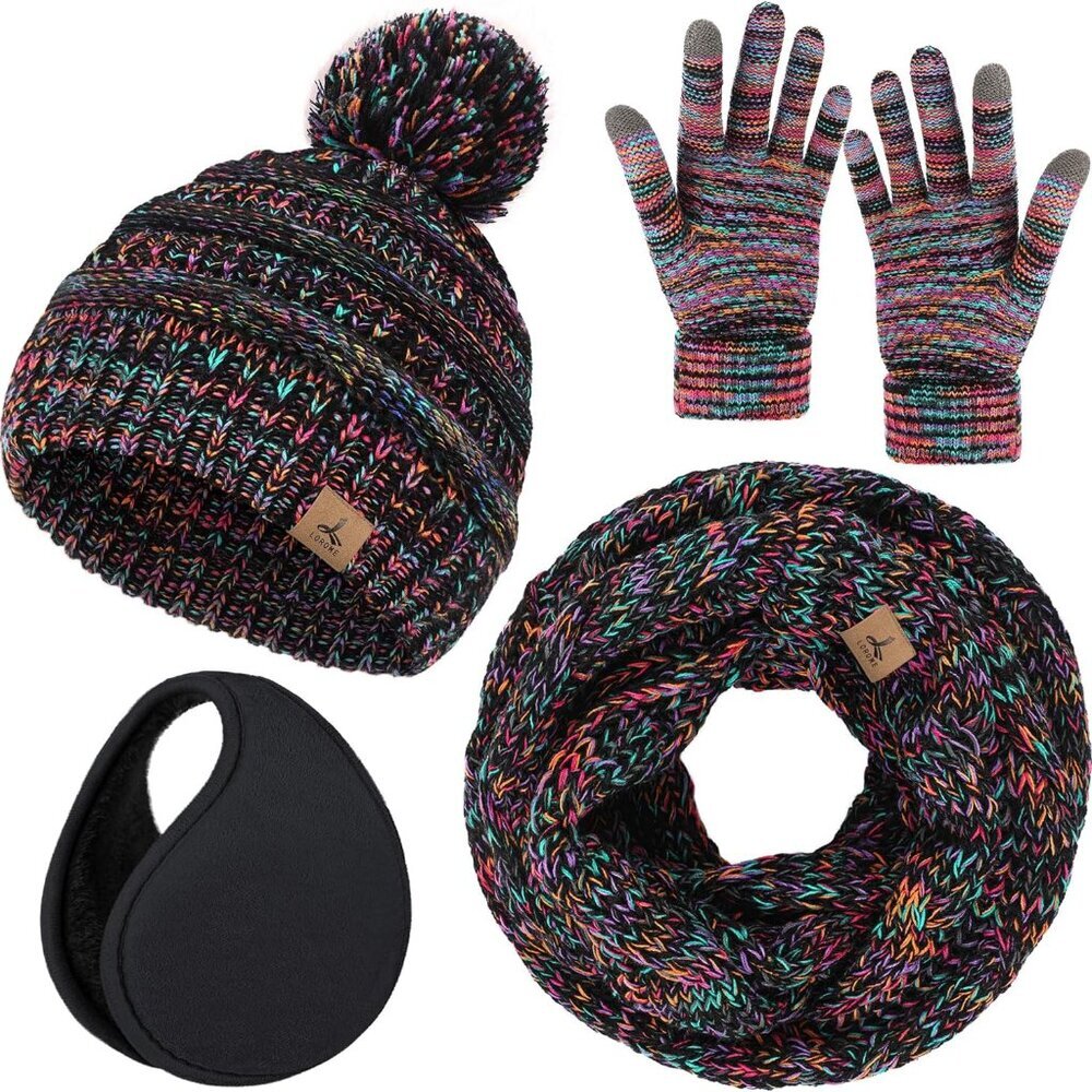 Winter Hat Scarf Gloves and Ear Warmer, Warm Knit Beanie Hat Touch Screen Gloves